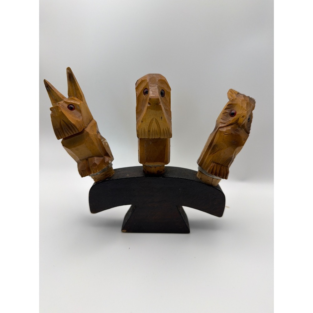 Vintage Hand Carved Wood Dog Bottle Stopper Set with Stand Scottie Folk Art